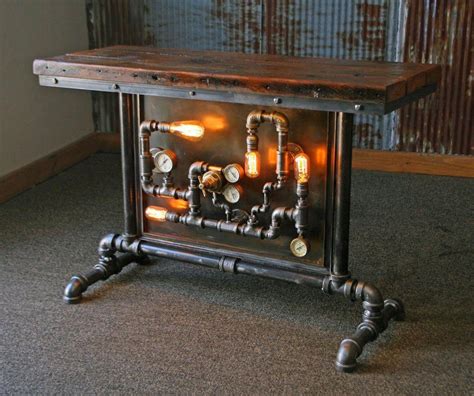 Steampunk Industrial Table Pipes Steam Gauge Barn Wood Table