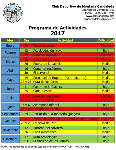 Calendario De Actividades 2017