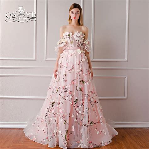 Qsyye 2018 New Arrival 3d Floral Flower Formal Evening Dresses Sweetheart Lace Sweep Train