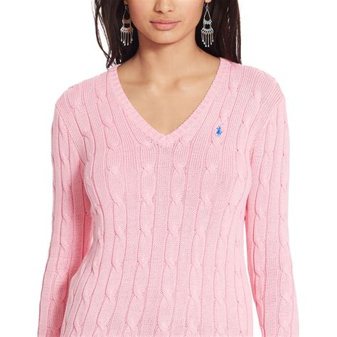 lyst polo ralph lauren cable knit v neck sweater in pink