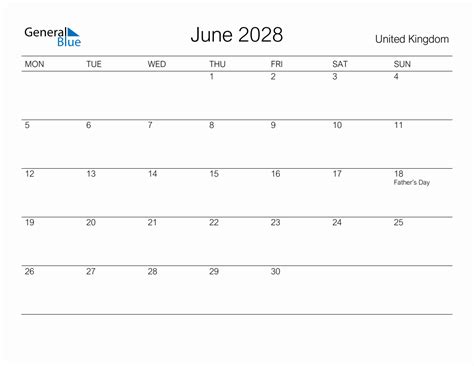 Printable June 2028 Monthly Calendar With Holidays For United Kingdom
