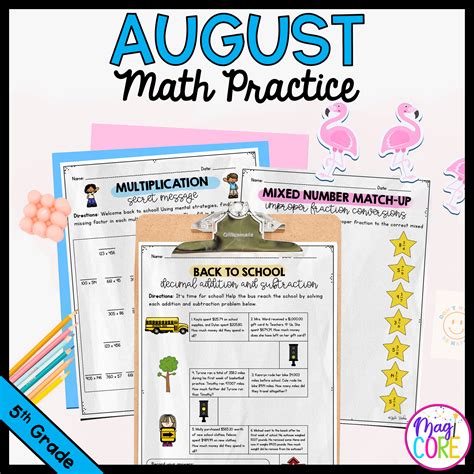 August Themed Math Practice 5th Grade Magicore
