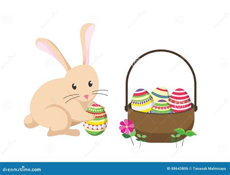 Easter Bunny Rabbit With Easter Basket Full Of Decorated Easter Eggs