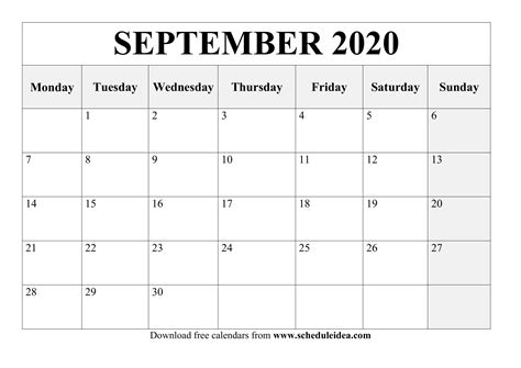 Printable September 2020 Calendar Template Download Now
