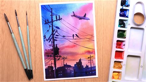 Watercolor Painting Of Sunset Evening City Landscape Easy For Beginners