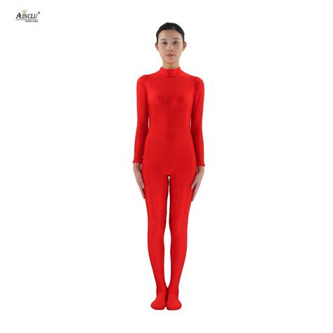 Ainclu Women Spandex Zentai Red Skin Tight Without Head And Bare Hands Adults Dancewear Costume