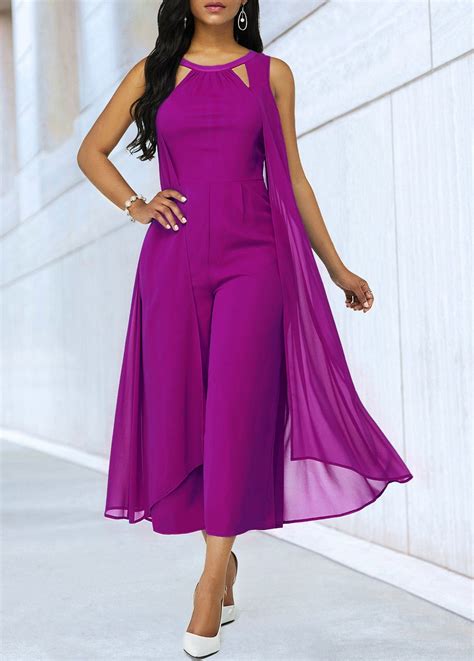 Purple Chiffon Overlay Cutout Neckline Jumpsuit Usd 34