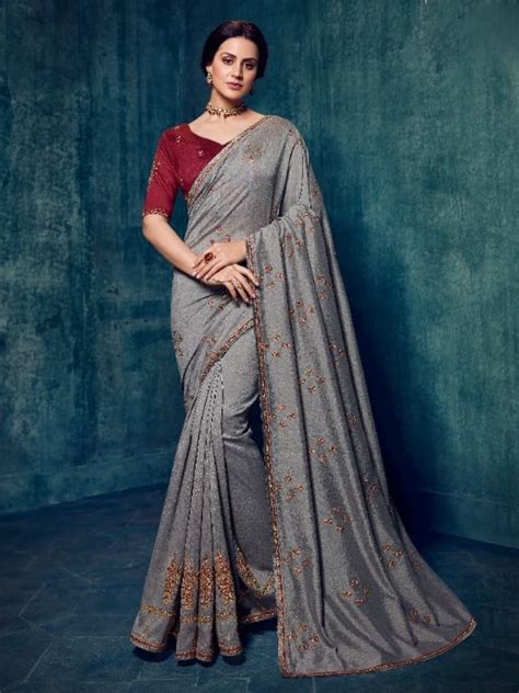 Grey Silk Saree With Maroon Blouse Sarees Designer Collection