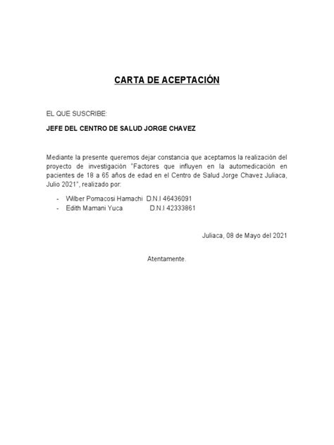 Modelo De Carta De Aceptacion De Un Nombramientodocx Pdf Document My