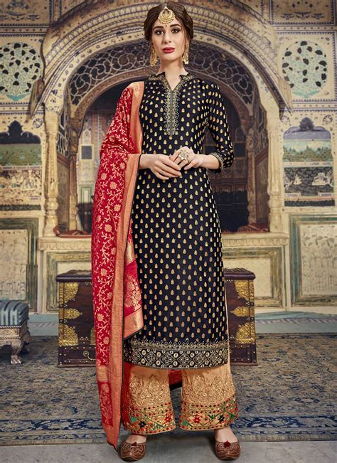 Black Jacquard Silk Pakistani Style Suit Vasu Sarees 3129110