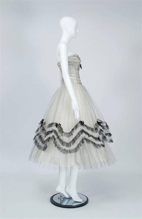 Strapless Black And White Ombré Tulle Party Dress 1950s