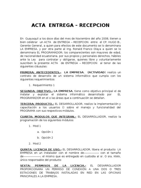 Ejemplo De Acta De Entrega Y Recepcion De Documentos