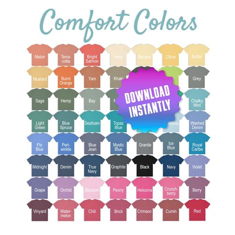 Comfort Colors Color Chart Guide Comfort Color Color Mock Up Chart