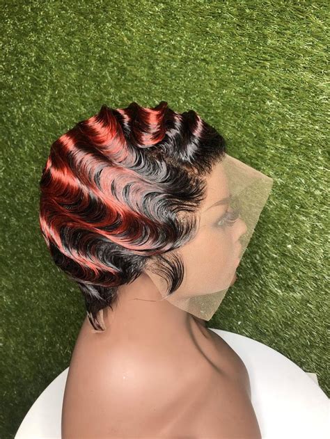 Red And Black Finger Waves Finger Wave Hair Short Human Hair Wigs