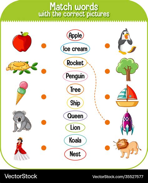 Word To Picture Matching Worksheet For Children Vector Image