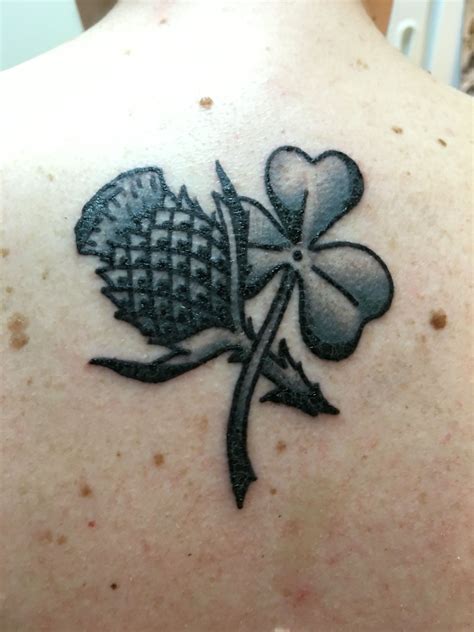 My Thistle And Shamrock Tattoo To Celebrate My Scots Irish Heritage Shamrock Tattoos Scottish