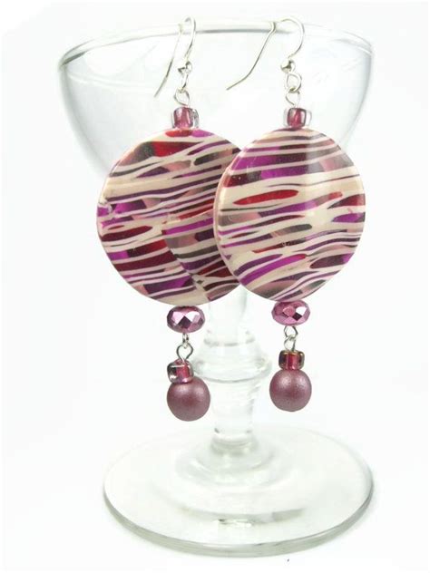 Dusty Rose Pink Magenta Striped Dangly Disc Earrings Hand Etsy Disc