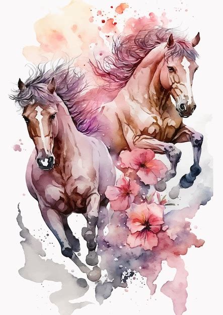 Uma Pintura Em Aquarela De Dois Cavalos Com Flores No Fundo Vetor Premium