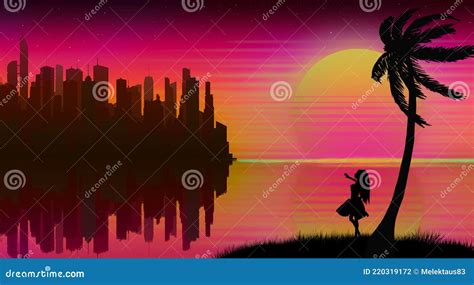 Background With A Sunset On A Neon Sky And A Beach With Silhouette Of