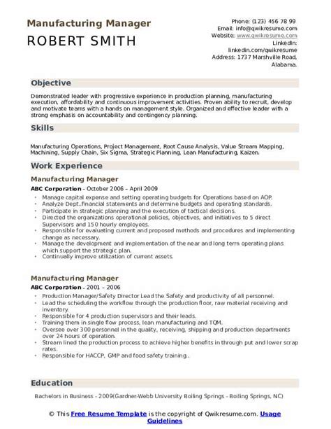 Top materials for mechanical maintenance supervisor job interviews: Manufacturing Manager Resume Samples | QwikResume
