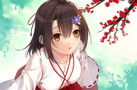 Download 2880x1800 Miko Anime Girl Short Brown Hair Japanese Clothes