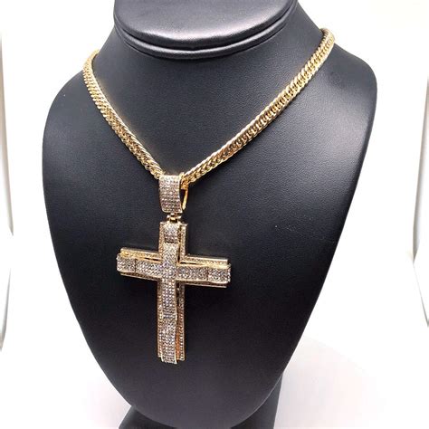 Mens Hip Hop Gold Plated Iced Out Cross Cz Pendant Necklace 30 Cuban