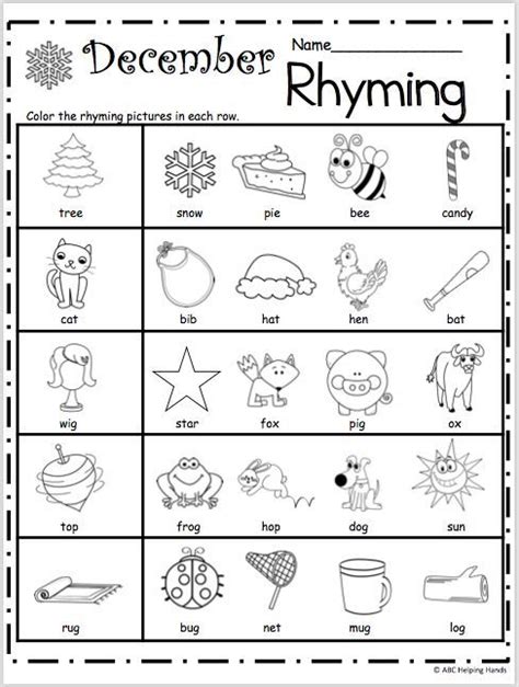 Free Kindergarten Rhyming Worksheets For December Made By Teachers