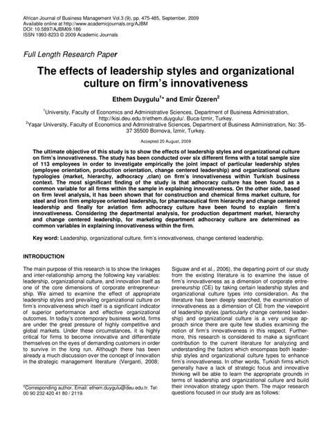 Pdf The Effects Of Leadership Styles And Organizational Culture On