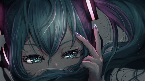 обои аниме Аниме девушки Vocaloid Hatsume Miku зеленые глаза Фиолетовые ногти длинные