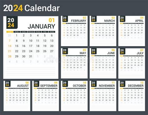 Plantilla De Calendario De 2024 Con Semanas Que Comienzan El Lunes