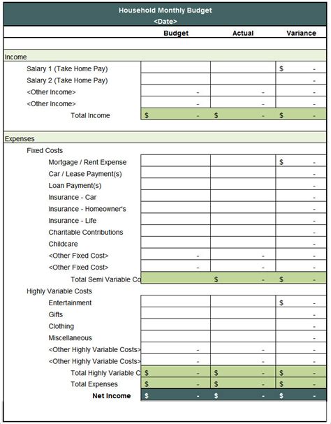 5 House Budget Template