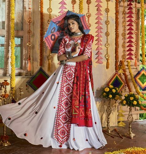 white and red thread embroidered silk traditional navratri dandiya raas