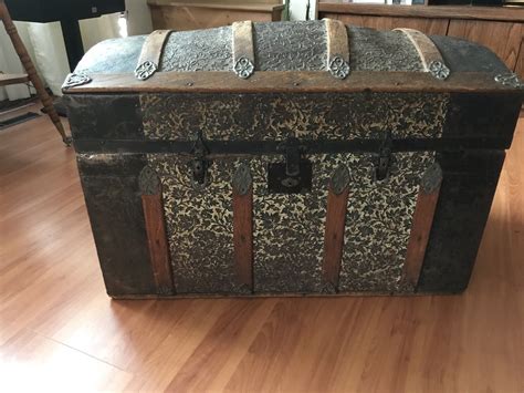 Antique Victorian Domed Top Steamer Trunk Embossed Tin Stagecoach Chest