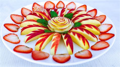 Beautiful Garnish Of Apple Rose Carved With Strawberry And Mint Designs