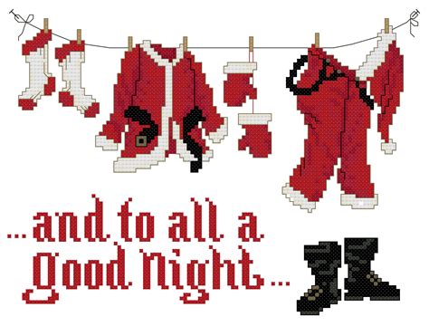cross stitch christmas card with clothes hanging on a line and the words and to all a good night