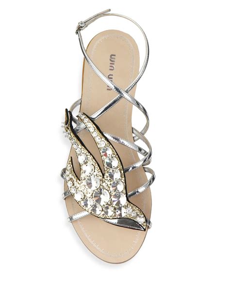 Miu Miu Swallows Crystal Flat Sandals In Metallic Lyst