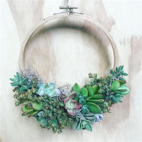 A Wooden Hoop With Succulents And Other Plants On It