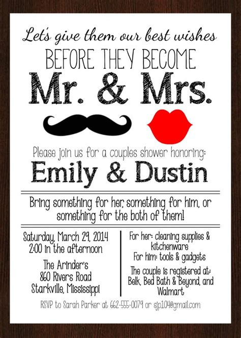 printable mr and mrs couples wedding shower invitation lips and mustache red and black or gold