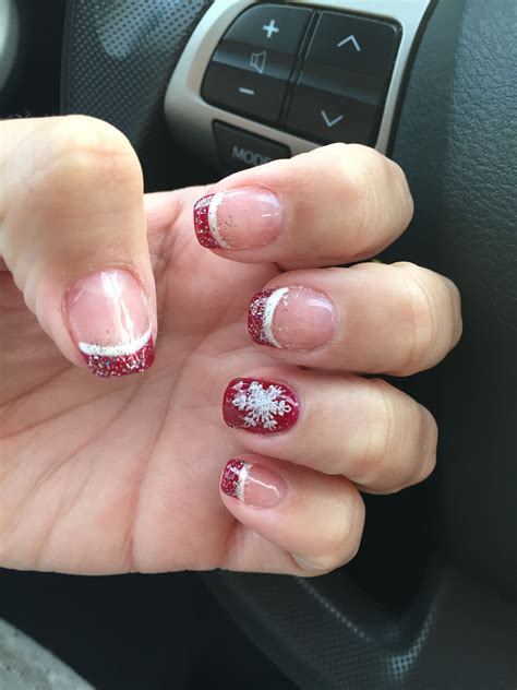 Christmas Nails Red French Tips Lined In White With Glitter Sparkle