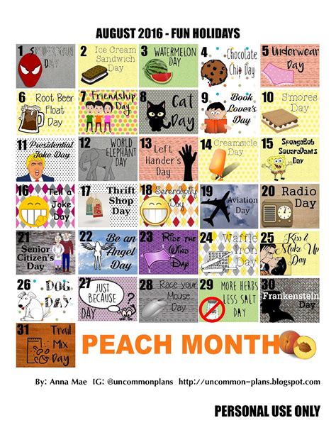 Uncommon Plans Free Printable Fun August Holidays