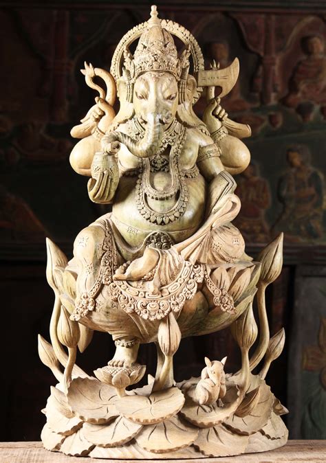 Sold Green Hibiscus Wood Ganesha Statue 24 105bw12