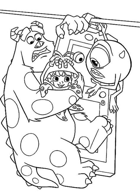 What about coloring this awesome picture from the film monsters, inc.? Sulley, Mike And Boo Hanging On The Door In Monsters Inc ...
