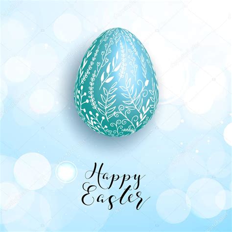 Happy Easter White Egg On Gray Background With Blue Branches Cute