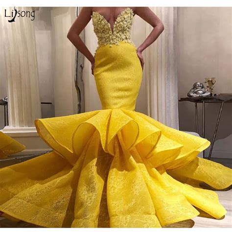 2019 Lemon Yellow Lace Mermaid Prom Dresses 3d Flower Sexy Long Prom Gowns Sweetheart Off