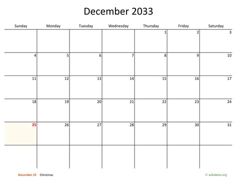 December 2033 Calendar With Bigger Boxes