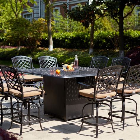 Darlee Sedona 9 Piece Cast Aluminum Patio Counter Height Fire Pit Bar