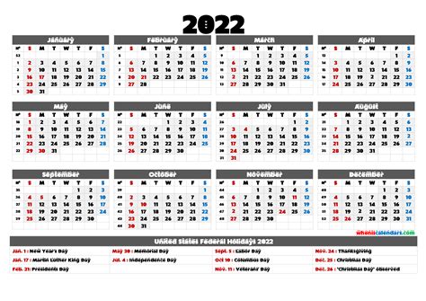 2022 Calendar With Holidays Printable Shahib Witha