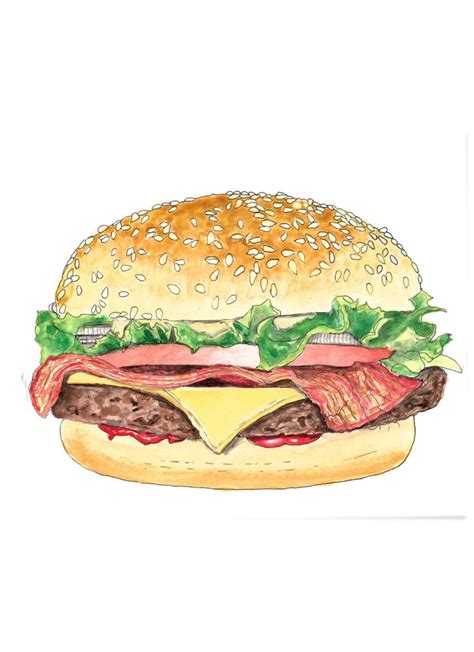 Bacon Burger Hand Drawn Watercolor Illustration By Robertatomei On Etsy