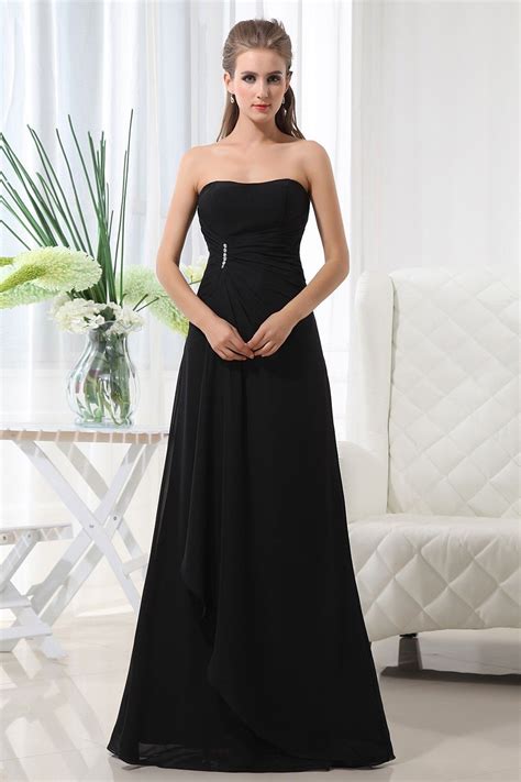 A Line Strapless Black Chiffon Floor Length Dress Black Bridesmaid