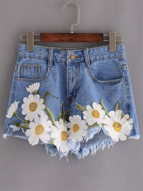 frayed embroidered flower applique blue denim shorts shein sheinside denim shorts online